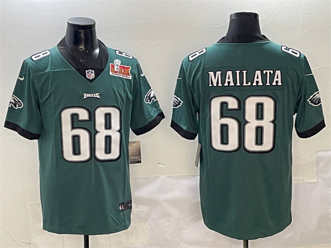 Mens Philadelphia Eagles #68 Jordan Mailata Green 2025 Super Bowl LIX Patch Vapor Untouchable Limited Stitched Football Jersey