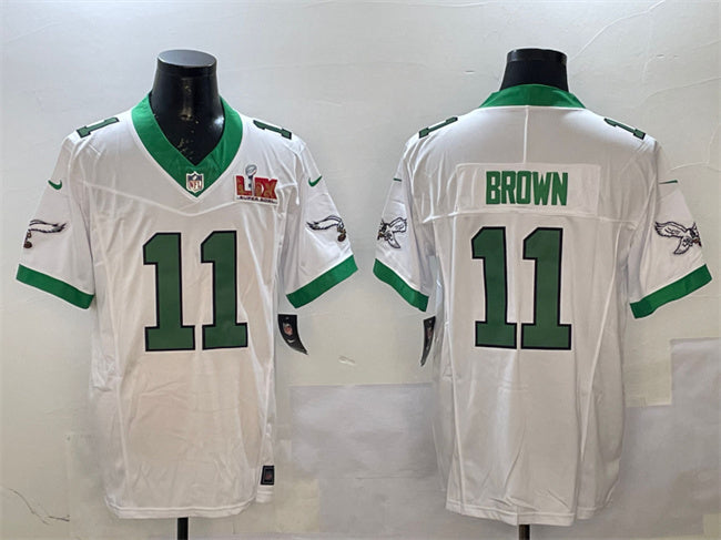 Mens Philadelphia Eagles #11 AJ Brown White 2025 Super Bowl LIX Patch FUSE Vapor Untouchable Limited Stitched Football Jersey