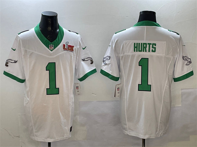 Mens Philadelphia Eagles #1 Jalen Hurts White 2025 Super Bowl LIX Patch FUSE Vapor Untouchable Limited Stitched Football Jersey