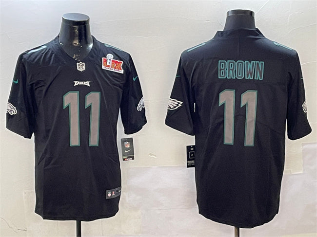 Mens Philadelphia Eagles #11 AJ Brown Black 2025 Super Bowl LIX Patch Impact Vapor Untouchable Limited Stitched Football Jersey