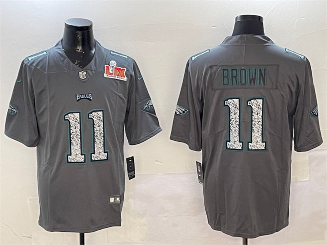 Mens Philadelphia Eagles #11 AJ Brown Gray 2025 Super Bowl LIX Patch Fashion Vapor Untouchable Limited Stitched Football Jersey