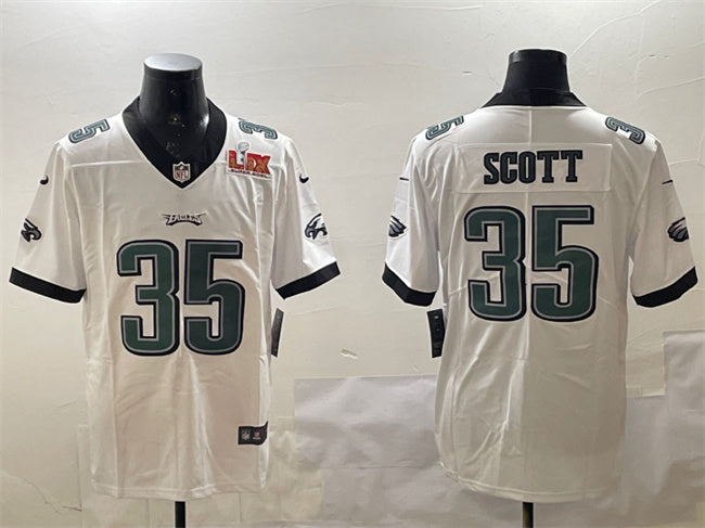 Mens Philadelphia Eagles #35 Boston Scott White 2025 Super Bowl LIX Patch Vapor Untouchable Limited Stitched Football Jersey
