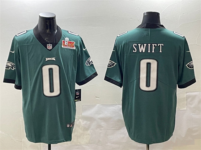 Mens Philadelphia Eagles #0 DAndre Swift Green 2025 Super Bowl LIX Patch Vapor Untouchable Limited Stitched Football Jersey