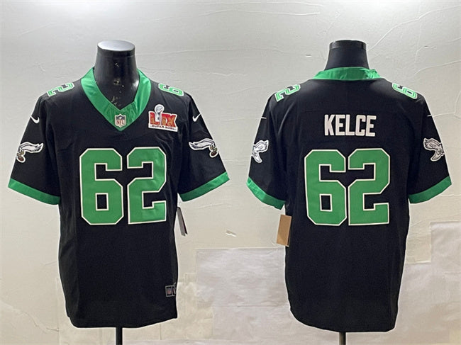 Mens Philadelphia Eagles #62 Jason Kelce Black 2025 Super Bowl LIX Patch FUSE Vapor Untouchable Limited Stitched Football Jersey