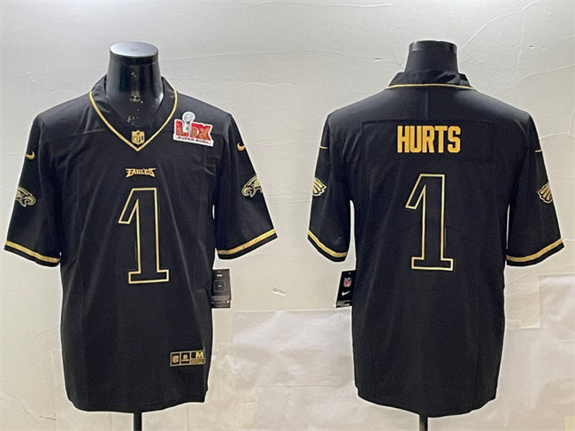 Mens Philadelphia Eagles #1 Jalen Hurts Black/Gold 2025 Super Bowl LIX Patch Vapor Untouchable Limited Stitched Football Jersey