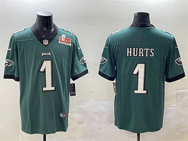 Mens Philadelphia Eagles #1 Jalen Hurts Green 2025 Super Bowl LIX Patch Vapor Untouchable Limited Stitched Football Jersey