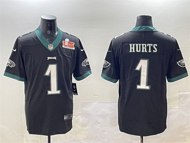 Mens Philadelphia Eagles #1 Jalen Hurts Black 2025 Super Bowl LIX Patch Vapor Untouchable Limited Stitched Football Jersey