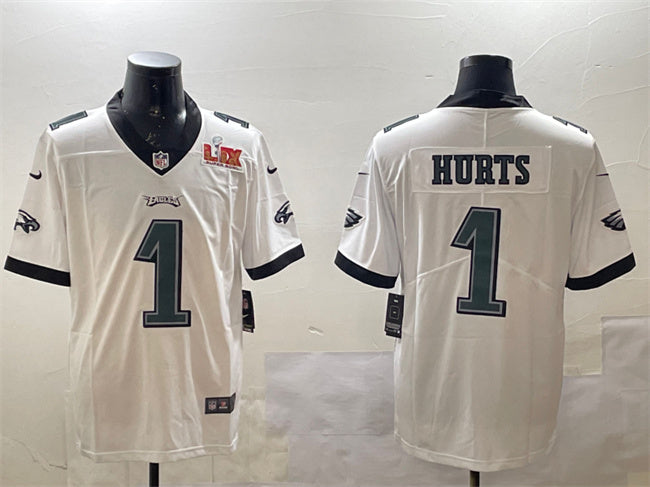 Mens Philadelphia Eagles #1 Jalen Hurts White 2025 Super Bowl LIX Patch Vapor Untouchable Limited Stitched Football Jersey