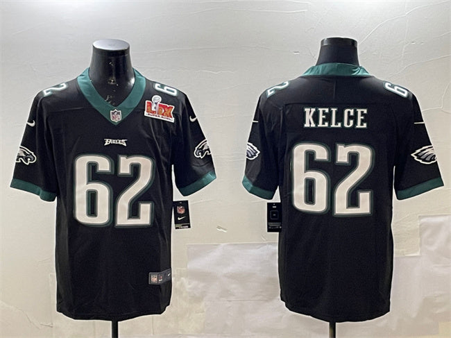 Mens Philadelphia Eagles #62 Jason Kelce Black 2025 Super Bowl LIX Patch Vapor Untouchable Limited Stitched Football Jersey
