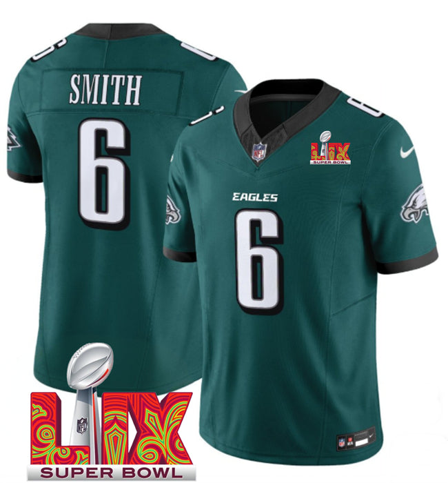 Mens Philadelphia Eagles #6 DeVonta Smith Green 2025 Super Bowl LIX Patch New FUSE Vapor Limited Stitched Football Jersey