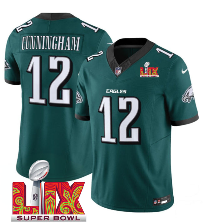 Mens Philadelphia Eagles #12 Randall Cunningham Green 2025 Super Bowl LIX Patch New FUSE Vapor Limited Stitched Football Jersey