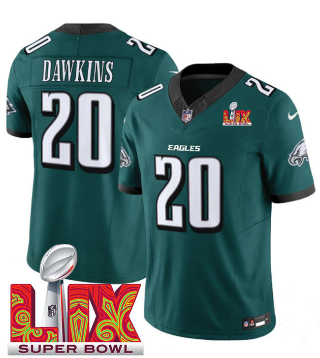 Mens Philadelphia Eagles #20 Brian Dawkins Green 2025 Super Bowl LIX Patch New FUSE Vapor Limited Stitched Football Jersey