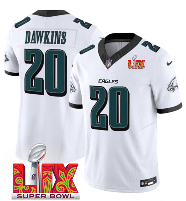 Mens Philadelphia Eagles #20 Brian Dawkins White 2025 Super Bowl LIX Patch New FUSE Vapor Limited Stitched Football Jersey