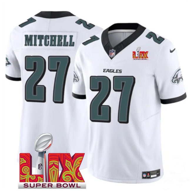 Mens Philadelphia Eagles #27 Quinyon Mitchell White 2025 Super Bowl LIX Patch New FUSE Vapor Limited Stitched Football Jersey