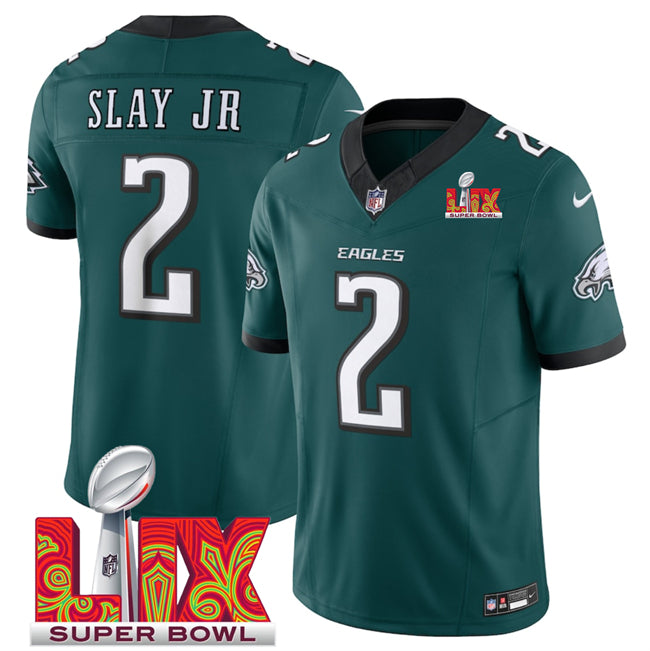 Mens Philadelphia Eagles #2 Darius Slay JR Green 2025 Super Bowl LIX Patch New FUSE Vapor Limited Stitched Football Jersey