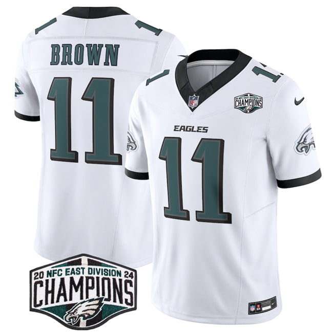 Mens Philadelphia Eagles #11 AJ Brown White 2024 New NFC East Champions FUSE Vapor Untouchable Limited Stitched Football Jersey