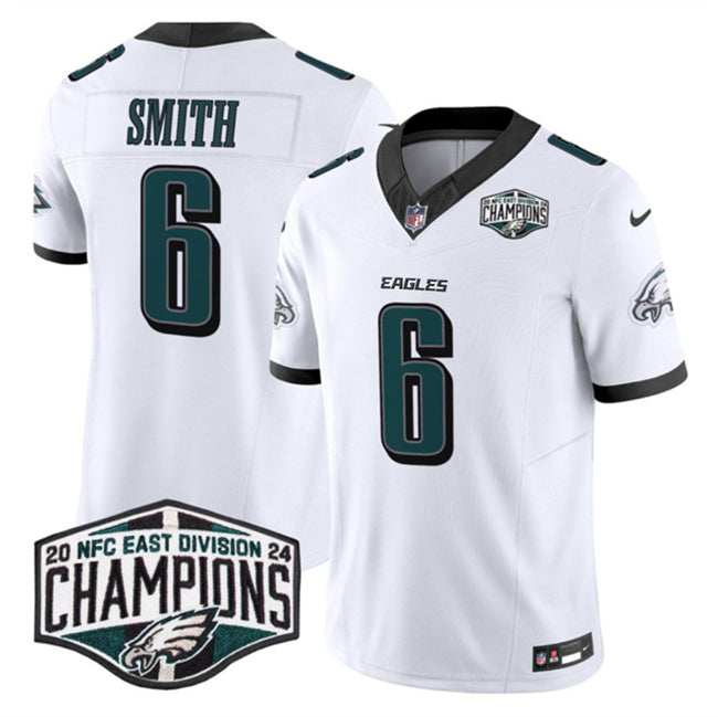 Mens Philadelphia Eagles #6 DeVonta Smith White 2024 NFC East Champions FUSE Vapor Untouchable Limited Stitched Football Jersey