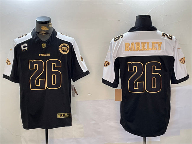Mens Philadelphia Eagles #26 Saquon Barkley Black Gold 2024 New FUSE With 3-Star C Patch Stitched Football Jersey