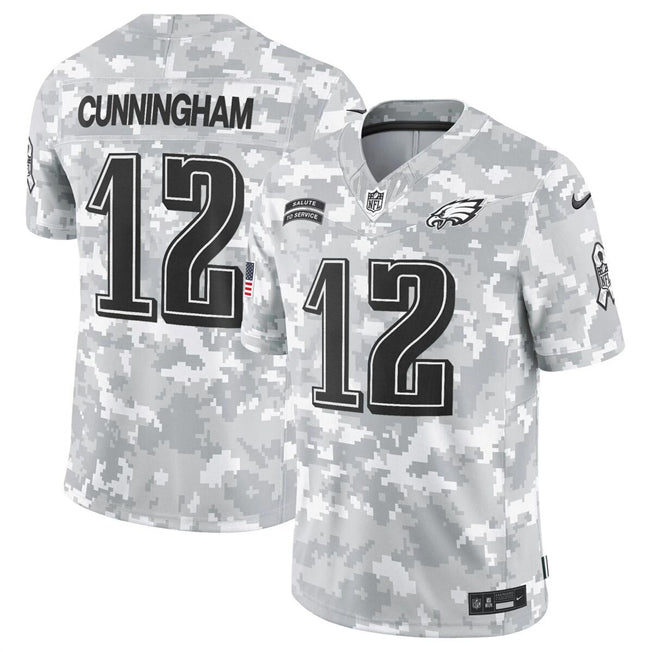 Mens Philadelphia Eagles #12 Randall Cunningham 2024 FUSE Arctic Camo Salute to Service Limited Stitched Football Jersey