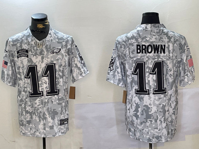 Mens Philadelphia Eagles #11 A J Brown 2024 FUSE Arctic Camo Salute to Service Limited Stitched Football Jersey