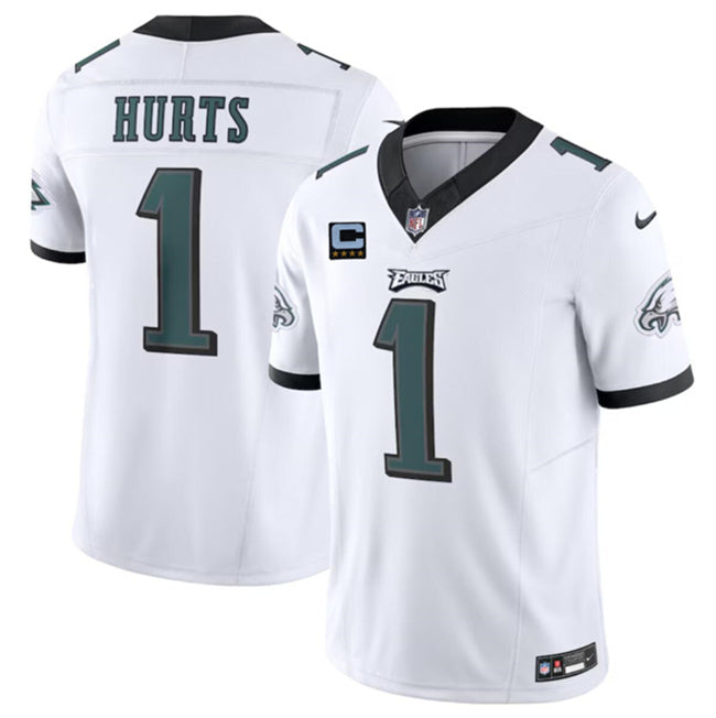 Mens Philadelphia Eagles #1 Jalen Hurts White 2024 FUSE With 4-Star C Patch Vapor Untouchable Limited Stitched Football Jersey