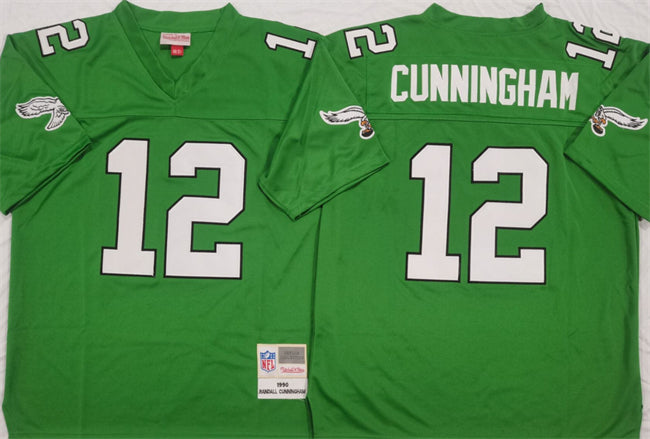 Mens Philadelphia Eagles #12 Randall Cunningham Kelly Green Throwback Stitched Football Jersey