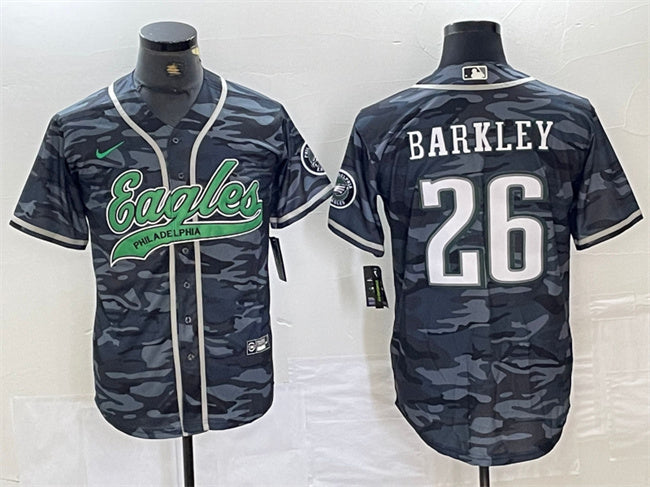 Mens Philadelphia Eagles #26 Saquon Barkley Grey Camo Cool Base Stitched Baseball Jersey