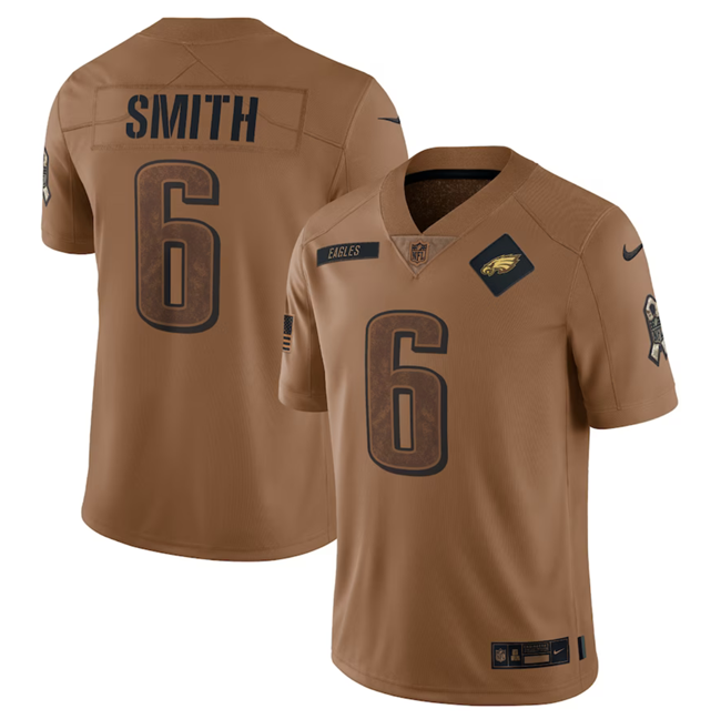 Mens Philadelphia Eagles #6 DeVonta Smith 2023 Brown Salute To Service Limited Stitched Football Jersey