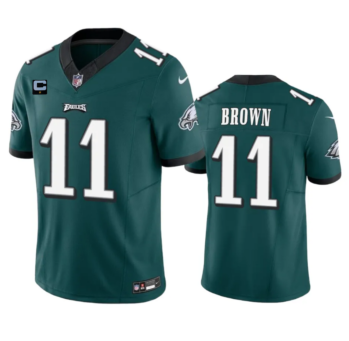 Mens Philadelphia Eagles #11 A J Brown Green 2023 FUSE With 1-Star C Patch Vapor Untouchable Limited Stitched Football Jersey
