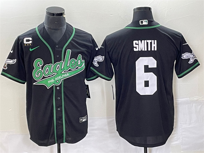 Mens Philadelphia Eagles #6 DeVonta Smith Black With 3-star C Patch Cool Base Stitched Baseball Jersey