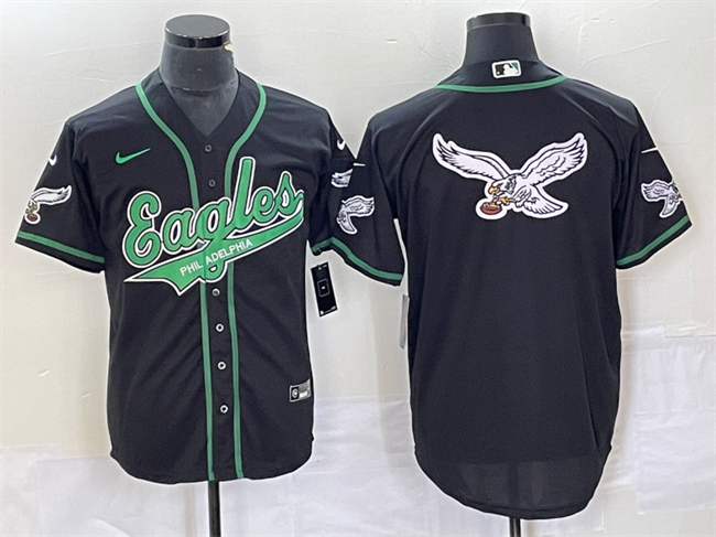 Mens Philadelphia Eagles Black Team Big Logo Cool Base Stitched Baseball Jersey