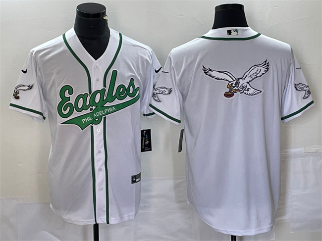 Mens Philadelphia Eagles White Team Big Logo Cool Base Stitched Baseball Jersey