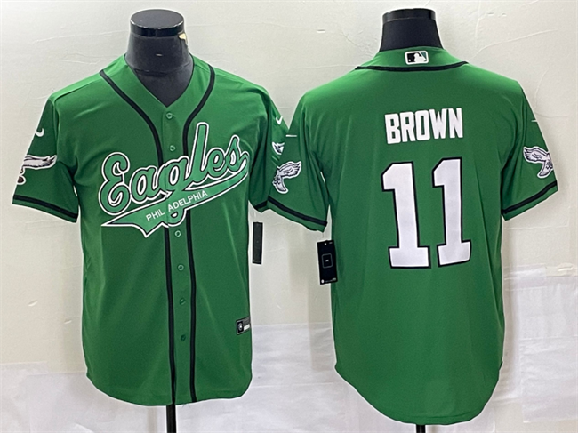 Mens Philadelphia Eagles #11 A J Brown Green Cool Base Stitched Baseball Jersey