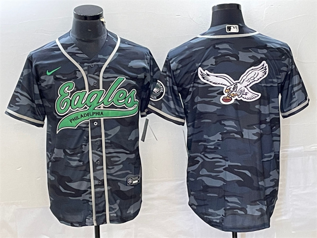 Mens Philadelphia Eagles Gray Camo Team Big Logo Cool Base Stitched Baseball Jersey
