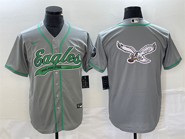 Mens Philadelphia Eagles Gray Team Big Logo Cool Base Stitched Baseball Jersey