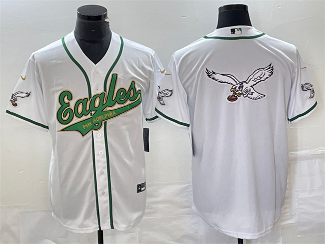 Mens Philadelphia Eagles White Gold Team Big Logo Cool Base Stitched Baseball Jersey