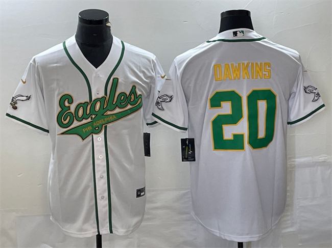 Mens Philadelphia Eagles #20 Brian Dawkins White Gold Cool Base Stitched Baseball Jersey