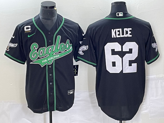 Mens Philadelphia Eagles #62 Jason Kelce Black With 4-star C Patch Cool Base Stitched Baseball Jersey