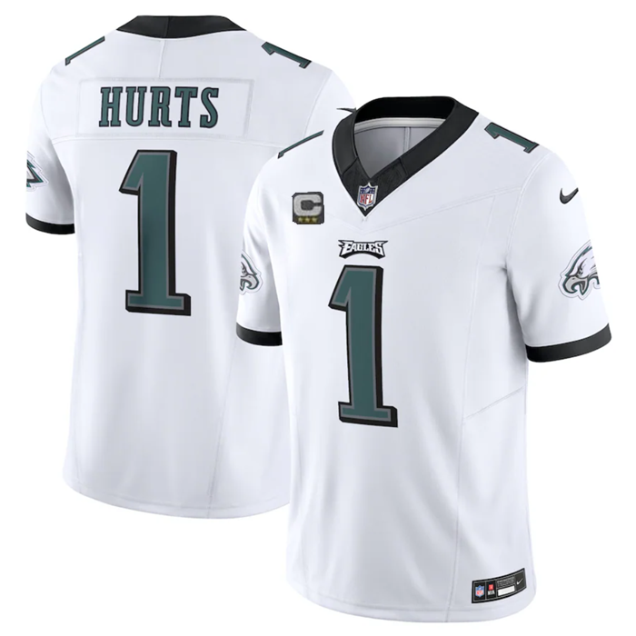 Mens Philadelphia Eagles #1 Jalen Hurts White 2023 FUSE With C Patch Vapor Untouchable Limited Stitched Football Jersey