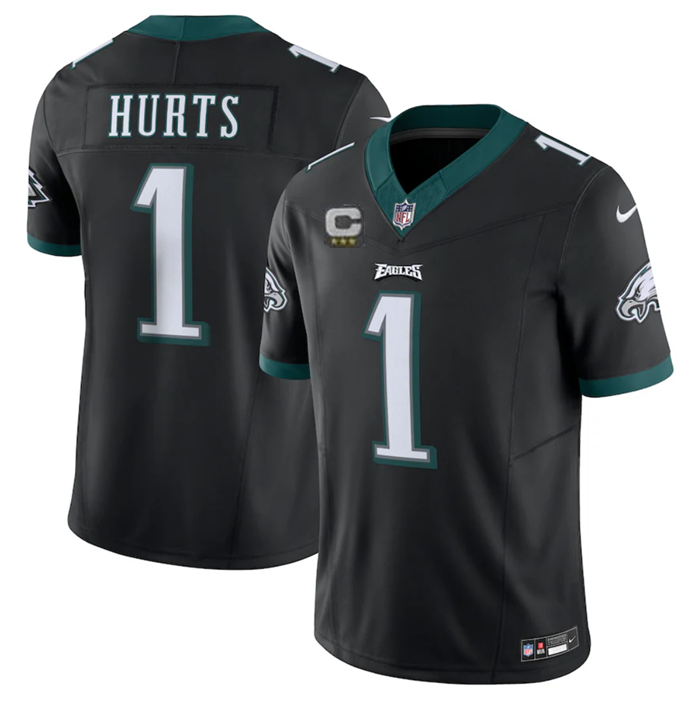 Mens Philadelphia Eagles #1 Jalen Hurts Black 2023 FUSE With C Patch Vapor Untouchable Limited Stitched Football Jersey