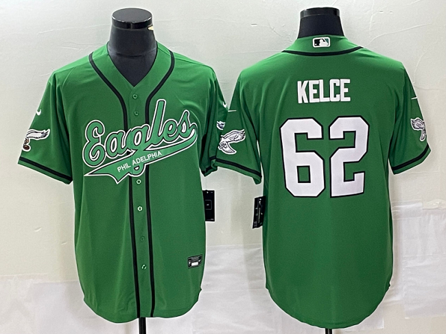 Mens Philadelphia Eagles #62 Jason Kelce Green Cool Base Stitched Baseball Jersey