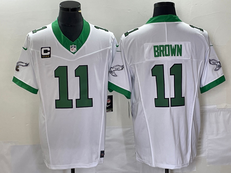 Mens Philadelphia Eagles #11 A J Brown White 2023 FUSE With 4-star C Patch Vapor Untouchable Stitched Football Jersey