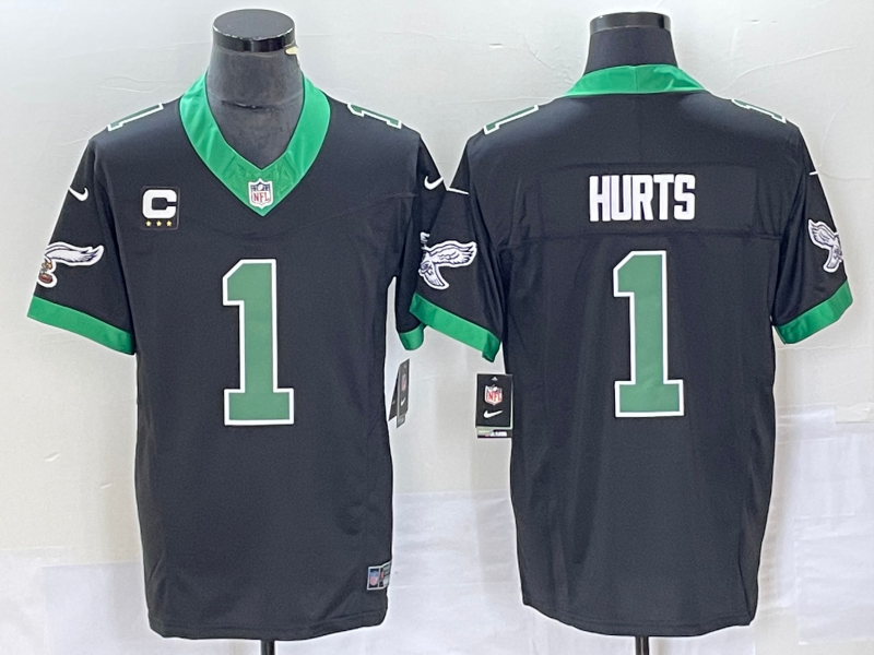 Mens Philadelphia Eagles #1 Jalen Hurts Black 2023 FUSE Vapor Untouchable With 3-star C Patch Stitched Football Jersey