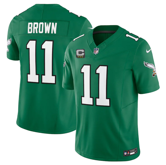 Mens Philadelphia Eagles #11 A J Brown Green 2023 FUSE Vapor Untouchable With C Patch Stitched Football Jersey