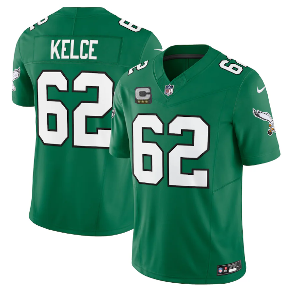 Mens Philadelphia Eagles #62 Jason Kelce Green 2023 FUSE Vapor Untouchable With 4-Star C Patch Stitched Football Jersey