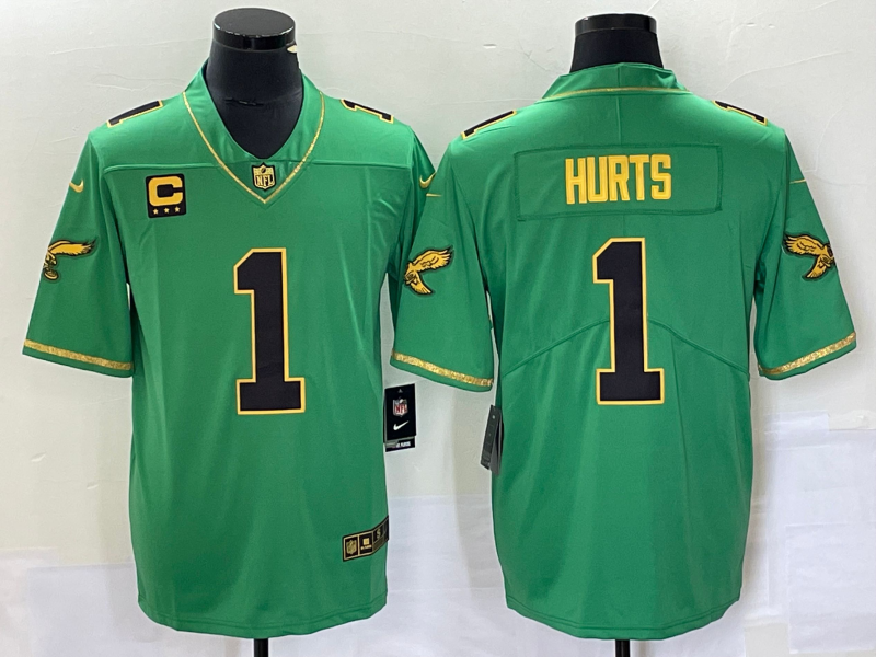 Mens Philadelphia Eagles #1 Jalen Hurts Green Gold Vapor Limited With 3-star C Patch Stitched Football Jersey