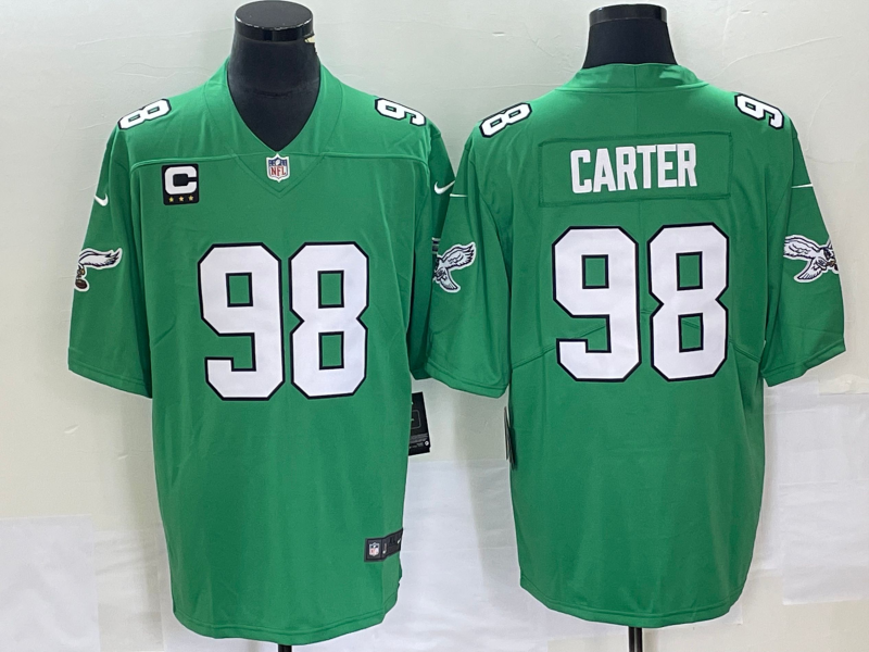 Mens Philadelphia Eagles #98 Jalen Carter Green Vapor Limited With 3-star C Patch Stitched Football Jersey