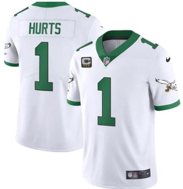 Mens Philadelphia Eagles #1 Jalen Hurts White Vapor Limited With 3-star C Patch Stitched Football Jersey