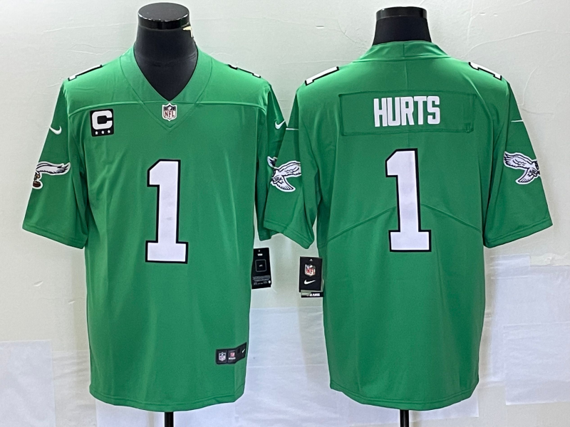 Mens Philadelphia Eagles #1 Jalen Hurts Green Vapor Limited With 3-star C Patch Stitched Football Jersey