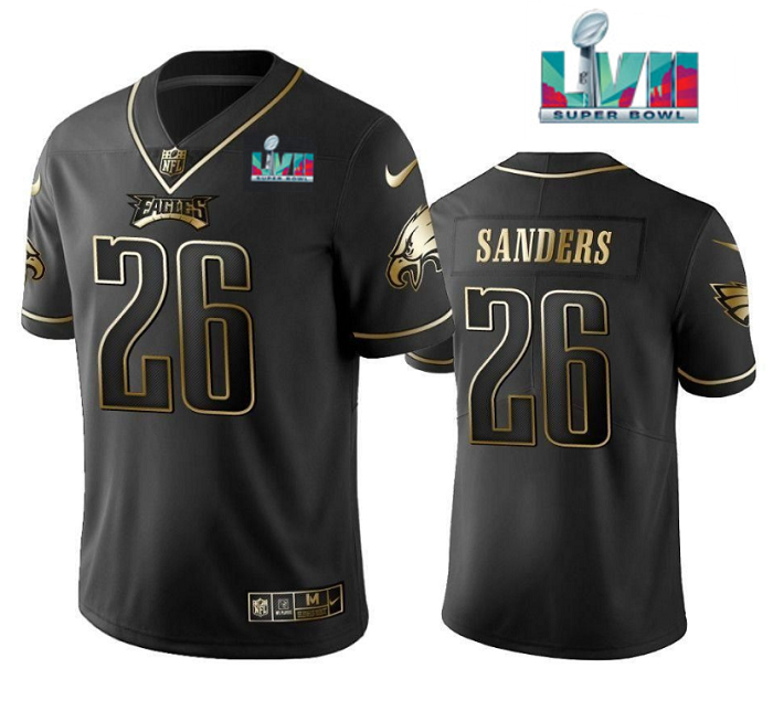 Mens Philadelphia Eagles #26 Miles Sanders Black Golden Super Bowl LVII Patch Edition Stitched Football Jersey
